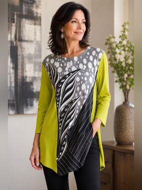 Bob Mackie Wearable Art Lime Green Abstract Tunic Top Size M